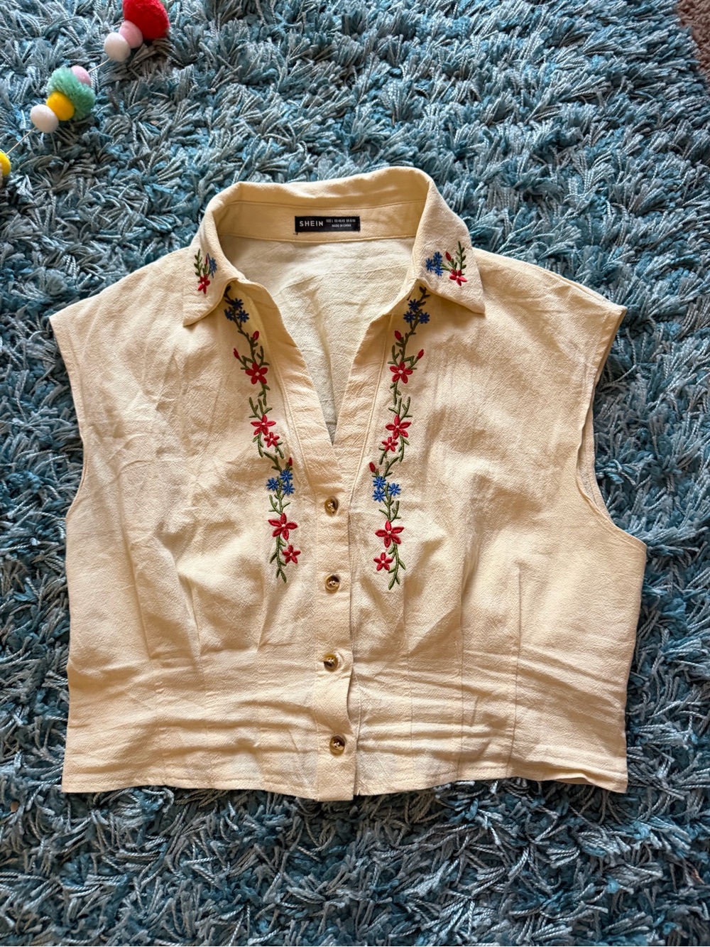 SHEIN — Cream Embroidered Sleeveless Button-Front Top